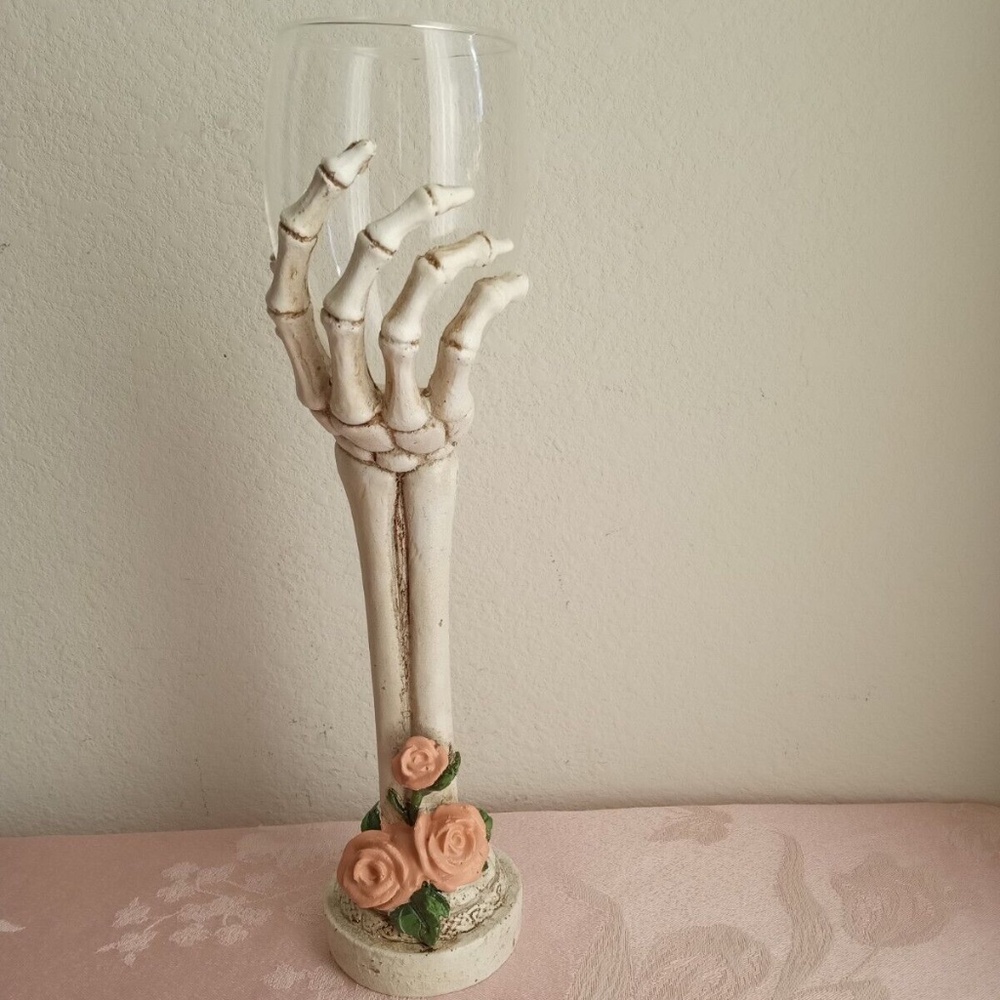 Skelton Candleholder t-Light Holder w Pink Flowers Gothic Glam  Halloween NIB